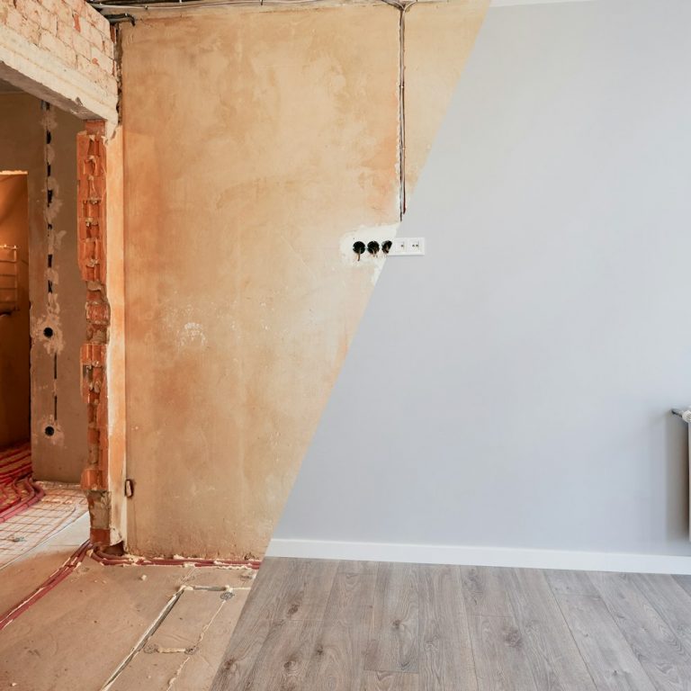 Living room with heating radiator before and after renovation.